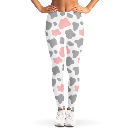 Pink Grey And White Cow Print Women's Leggings