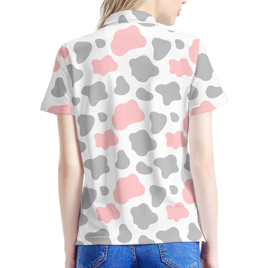 Pink Grey And White Cow Print Women's Polo Shirt