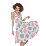 Pink Grey And White Cow Print Women's Sleeveless Dress