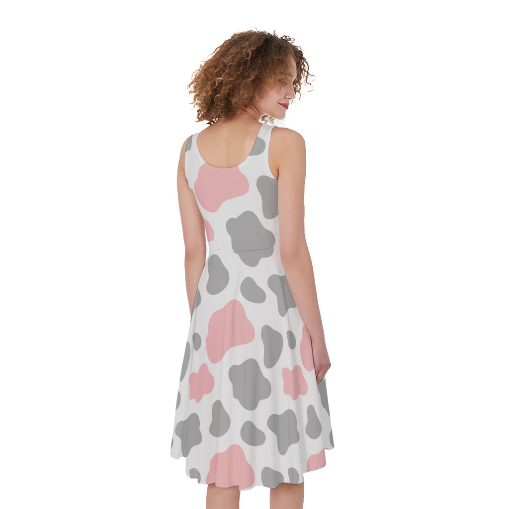 Pink Grey And White Cow Print Women's Sleeveless Dress