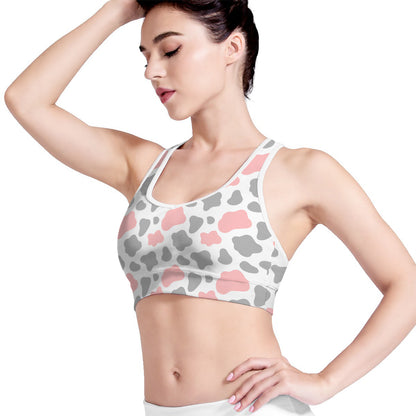 Pink Grey And White Cow Print Women's Sports Bra