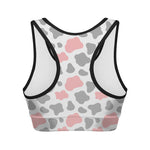 Pink Grey And White Cow Print Women's Sports Bra