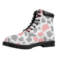 Pink Grey And White Cow Print Padded Collar Lace Up Boots