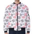 Pink Grey And White Cow Print Zip Sleeve Bomber Jacket