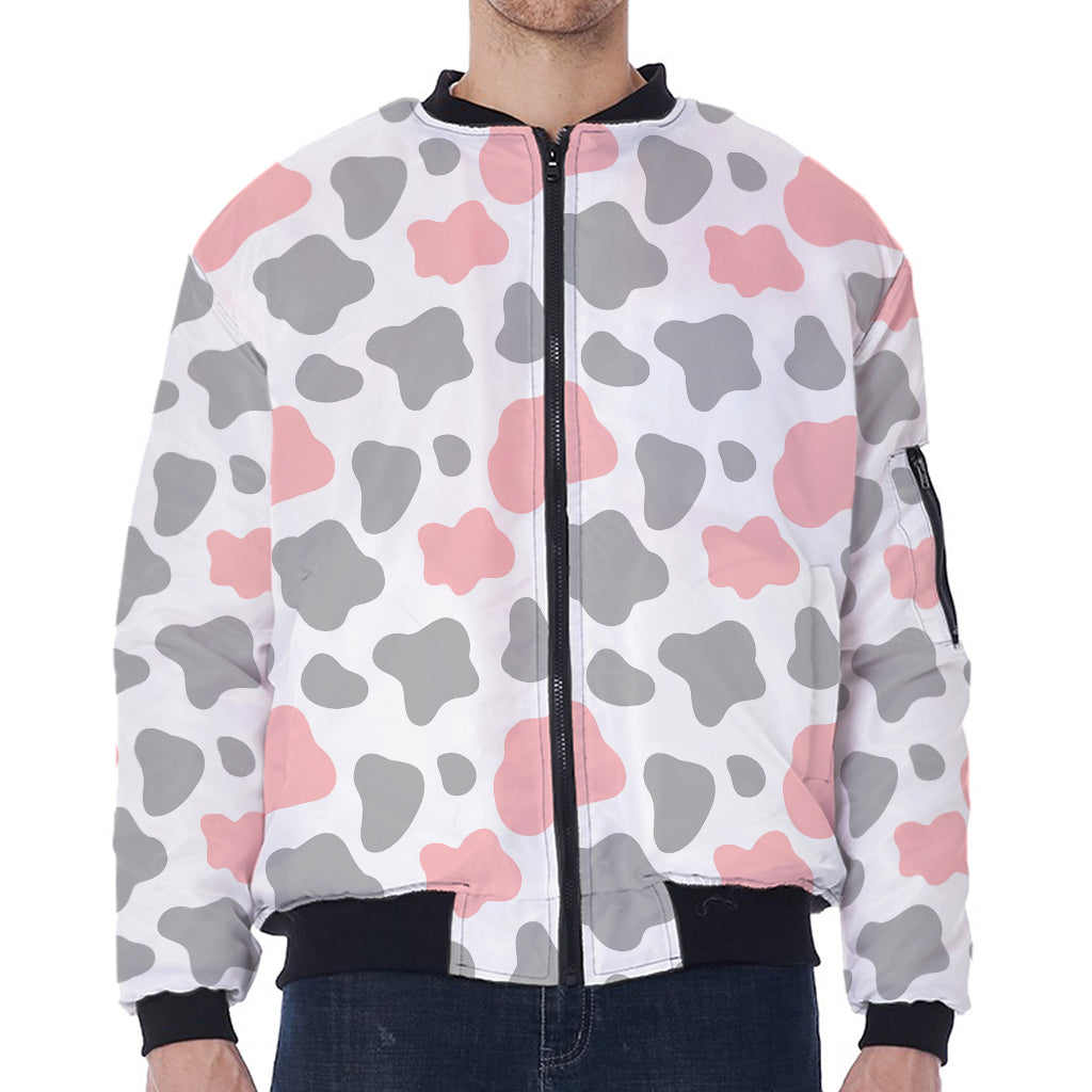 Pink Grey And White Cow Print Zip Sleeve Bomber Jacket