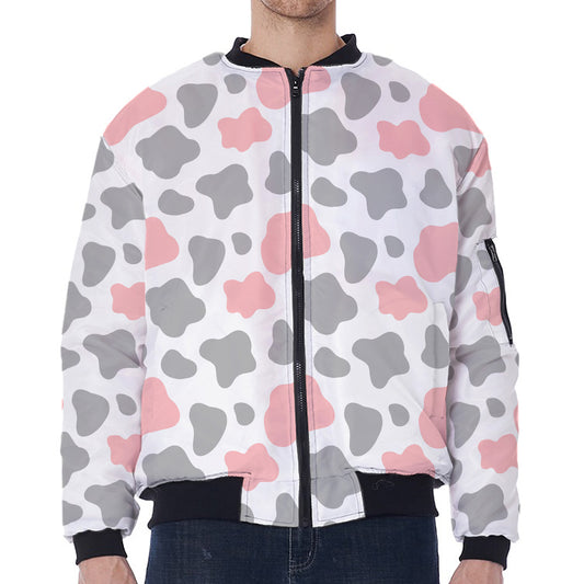 Pink Grey And White Cow Print Zip Sleeve Bomber Jacket