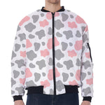 Pink Grey And White Cow Print Zip Sleeve Bomber Jacket