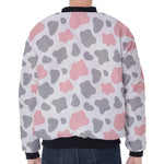 Pink Grey And White Cow Print Zip Sleeve Bomber Jacket