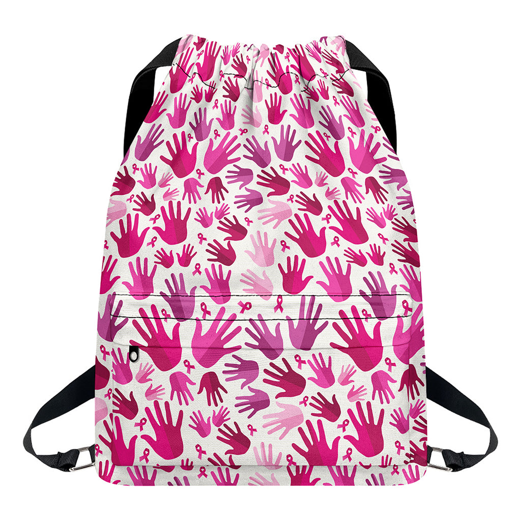 Pink Hand Breast Cancer Pattern Print Drawstring Backpack