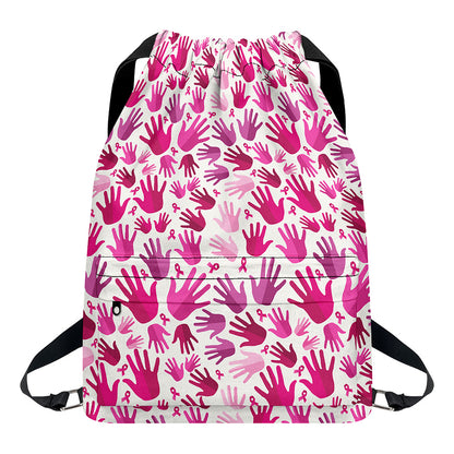 Pink Hand Breast Cancer Pattern Print Drawstring Backpack