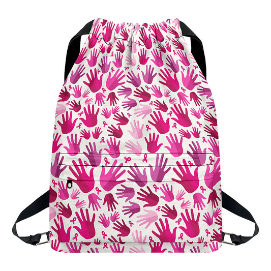 Pink Hand Breast Cancer Pattern Print Drawstring Backpack