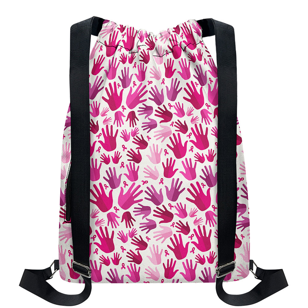 Pink Hand Breast Cancer Pattern Print Drawstring Backpack