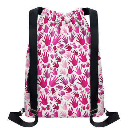 Pink Hand Breast Cancer Pattern Print Drawstring Backpack