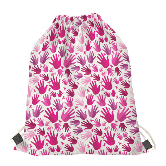 Pink Hand Breast Cancer Pattern Print Drawstring Bag