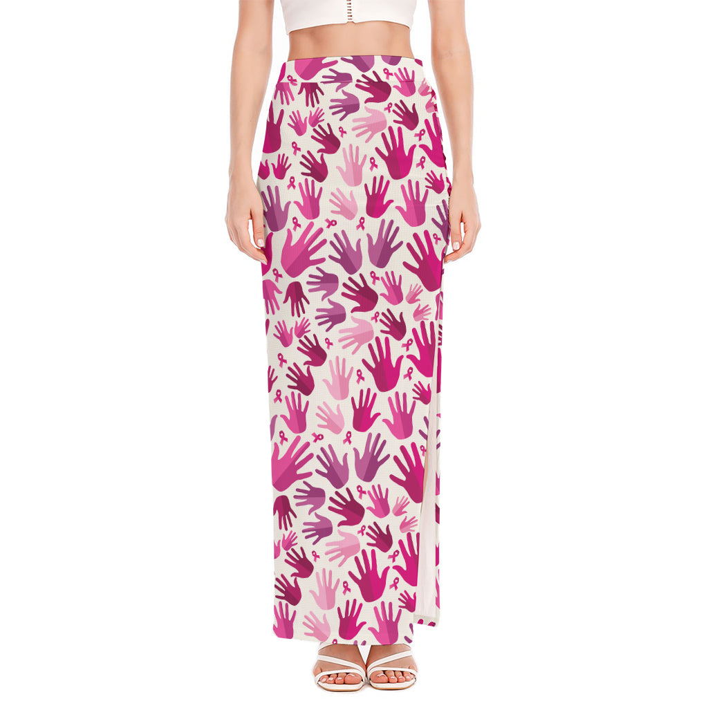 Pink Hand Breast Cancer Pattern Print High Slit Maxi Skirt