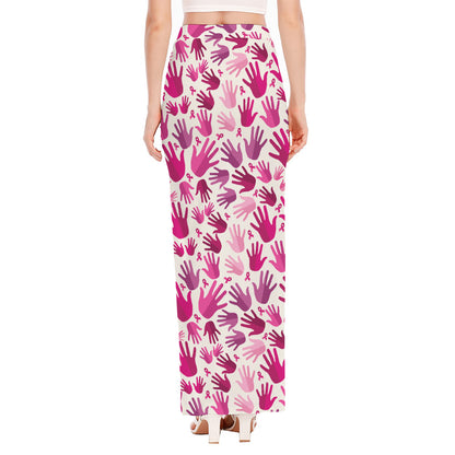 Pink Hand Breast Cancer Pattern Print High Slit Maxi Skirt