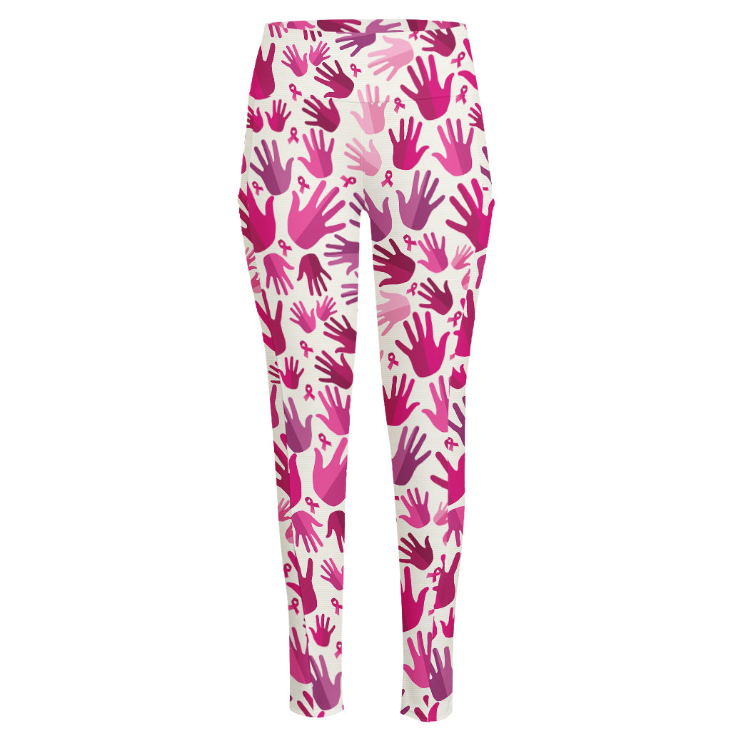 Pink Hand Breast Cancer Pattern Print High-Waisted Pocket Leggings