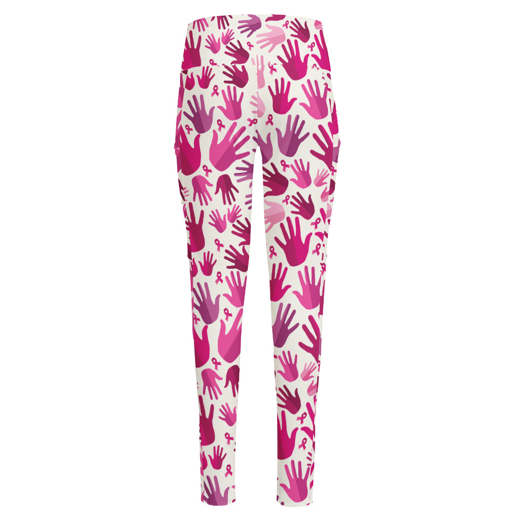 Pink Hand Breast Cancer Pattern Print High-Waisted Pocket Leggings