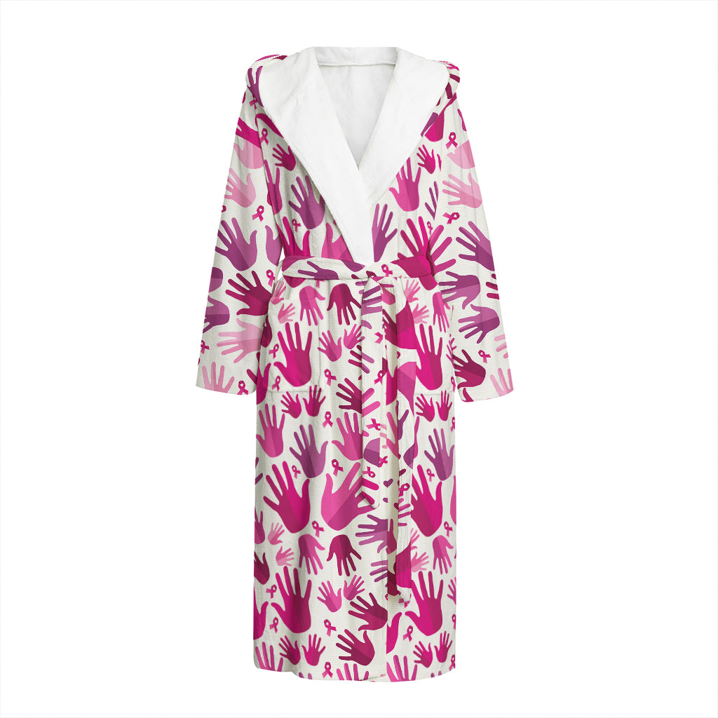 Pink Hand Breast Cancer Pattern Print Hooded Bathrobe