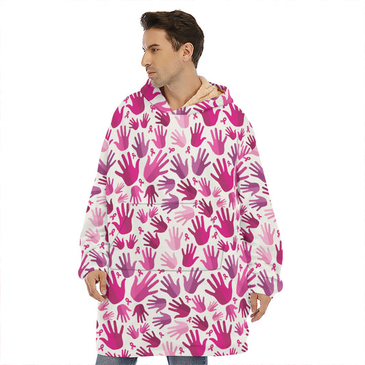 Pink Hand Breast Cancer Pattern Print Hoodie Blanket