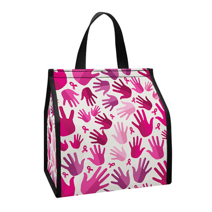 Pink Hand Breast Cancer Pattern Print Insulated Lunch Tote