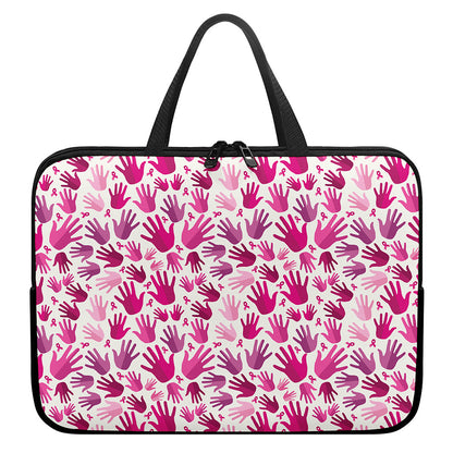 Pink Hand Breast Cancer Pattern Print Laptop Sleeve With Handle