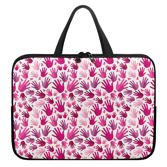 Pink Hand Breast Cancer Pattern Print Laptop Sleeve With Handle