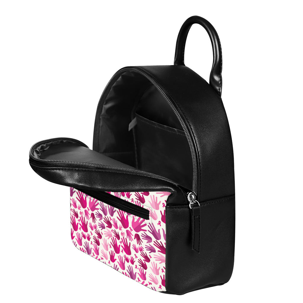 Pink Hand Breast Cancer Pattern Print Leather Backpack