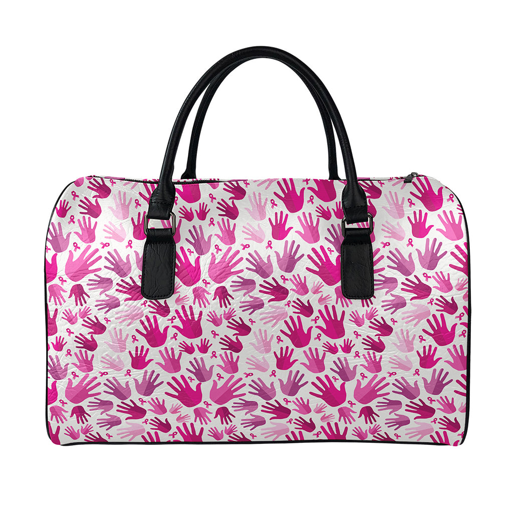 Pink Hand Breast Cancer Pattern Print Leather Duffle Bag