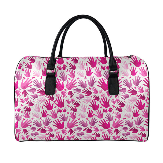 Pink Hand Breast Cancer Pattern Print Leather Duffle Bag