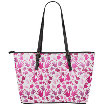 Pink Hand Breast Cancer Pattern Print Leather Tote Bag