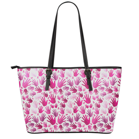 Pink Hand Breast Cancer Pattern Print Leather Tote Bag