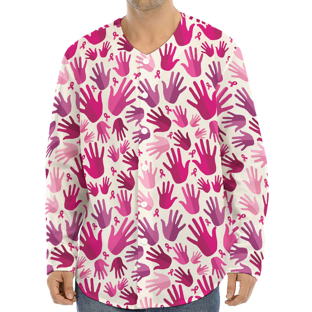 Pink Hand Breast Cancer Pattern Print Long Sleeve Baseball Jersey