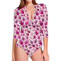 Pink Hand Breast Cancer Pattern Print Long Sleeve Swimsuit