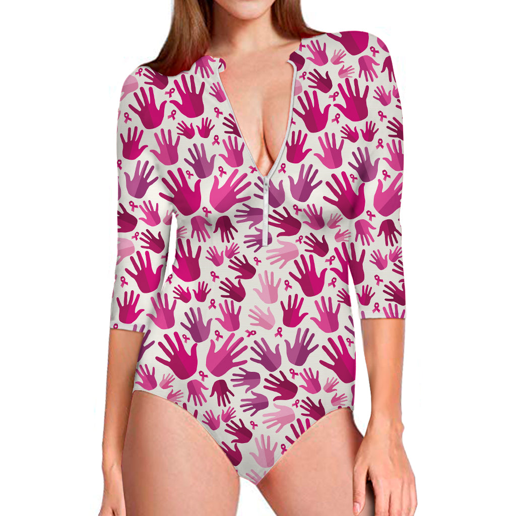 Pink Hand Breast Cancer Pattern Print Long Sleeve Swimsuit