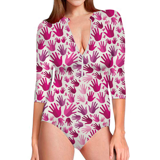 Pink Hand Breast Cancer Pattern Print Long Sleeve Swimsuit