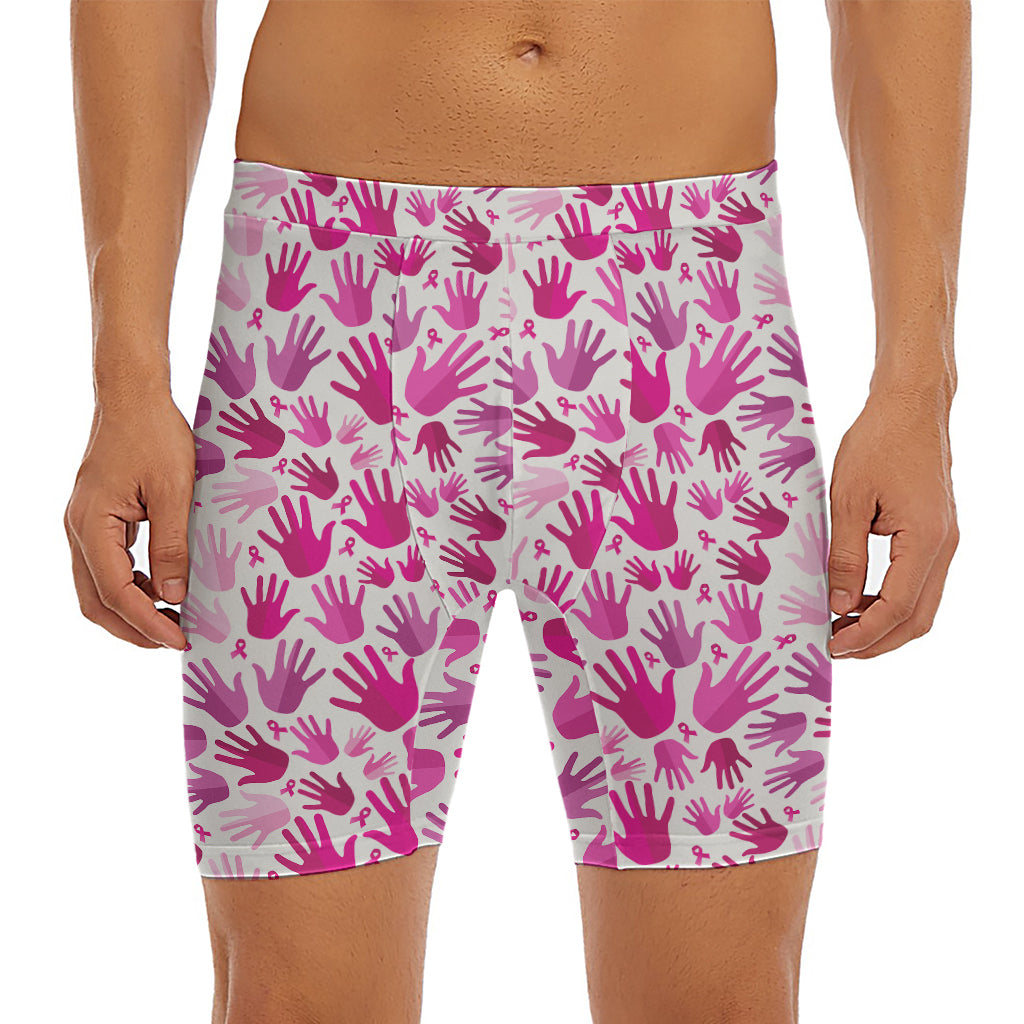 Pink Hand Breast Cancer Pattern Print Men's Long Boxer Briefs