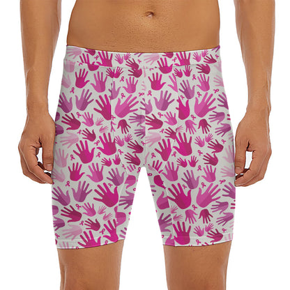 Pink Hand Breast Cancer Pattern Print Men's Long Boxer Briefs