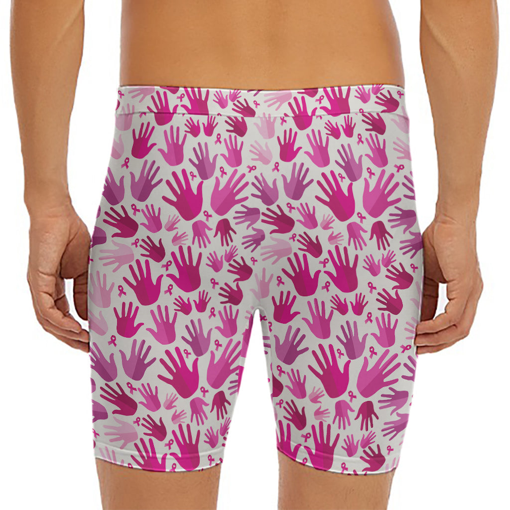 Pink Hand Breast Cancer Pattern Print Men's Long Boxer Briefs