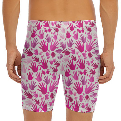 Pink Hand Breast Cancer Pattern Print Men's Long Boxer Briefs