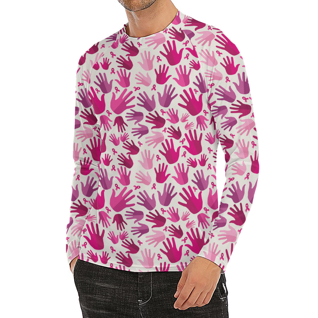 Pink Hand Breast Cancer Pattern Print Men's Long Sleeve Rash Guard