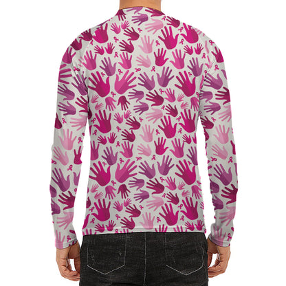 Pink Hand Breast Cancer Pattern Print Men's Long Sleeve Rash Guard