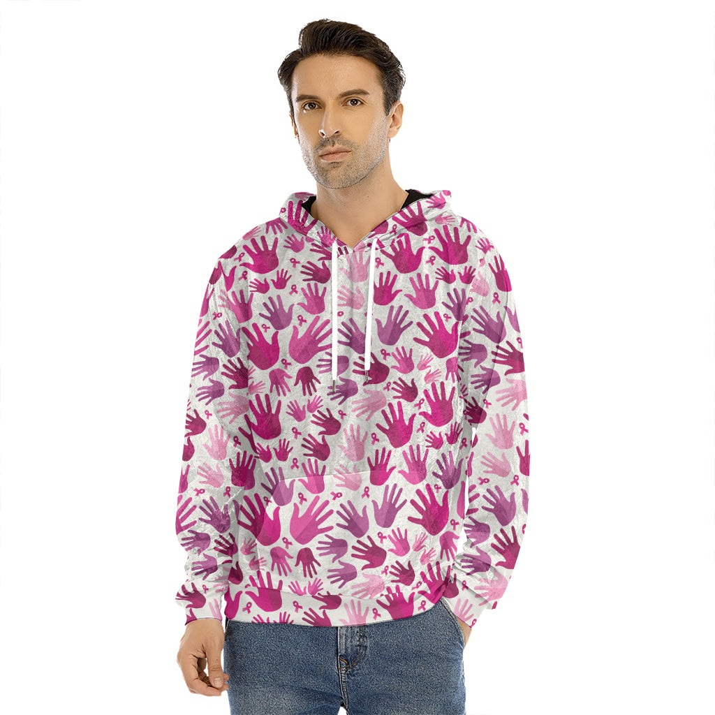 Pink Hand Breast Cancer Pattern Print Men's Velvet Pullover Hoodie