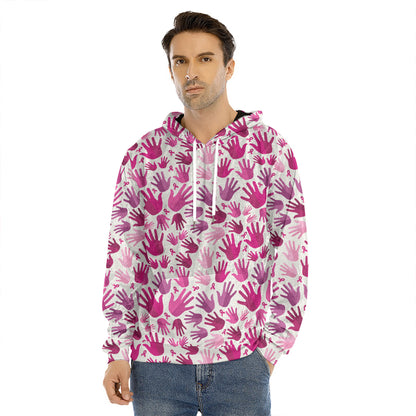 Pink Hand Breast Cancer Pattern Print Men's Velvet Pullover Hoodie