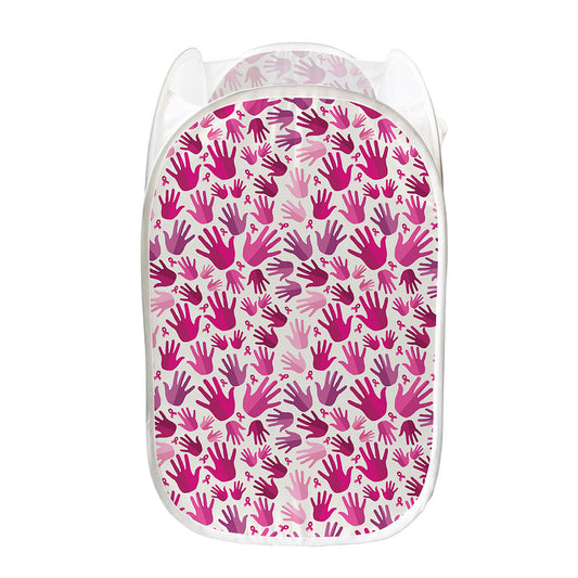 Pink Hand Breast Cancer Pattern Print Mesh Laundry Hamper