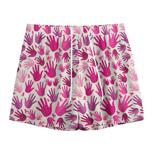Pink Hand Breast Cancer Pattern Print Mesh Shorts