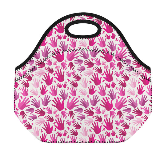 Pink Hand Breast Cancer Pattern Print Neoprene Lunch Bag