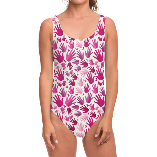 Pink Hand Breast Cancer Pattern Print One Piece Swimsuit