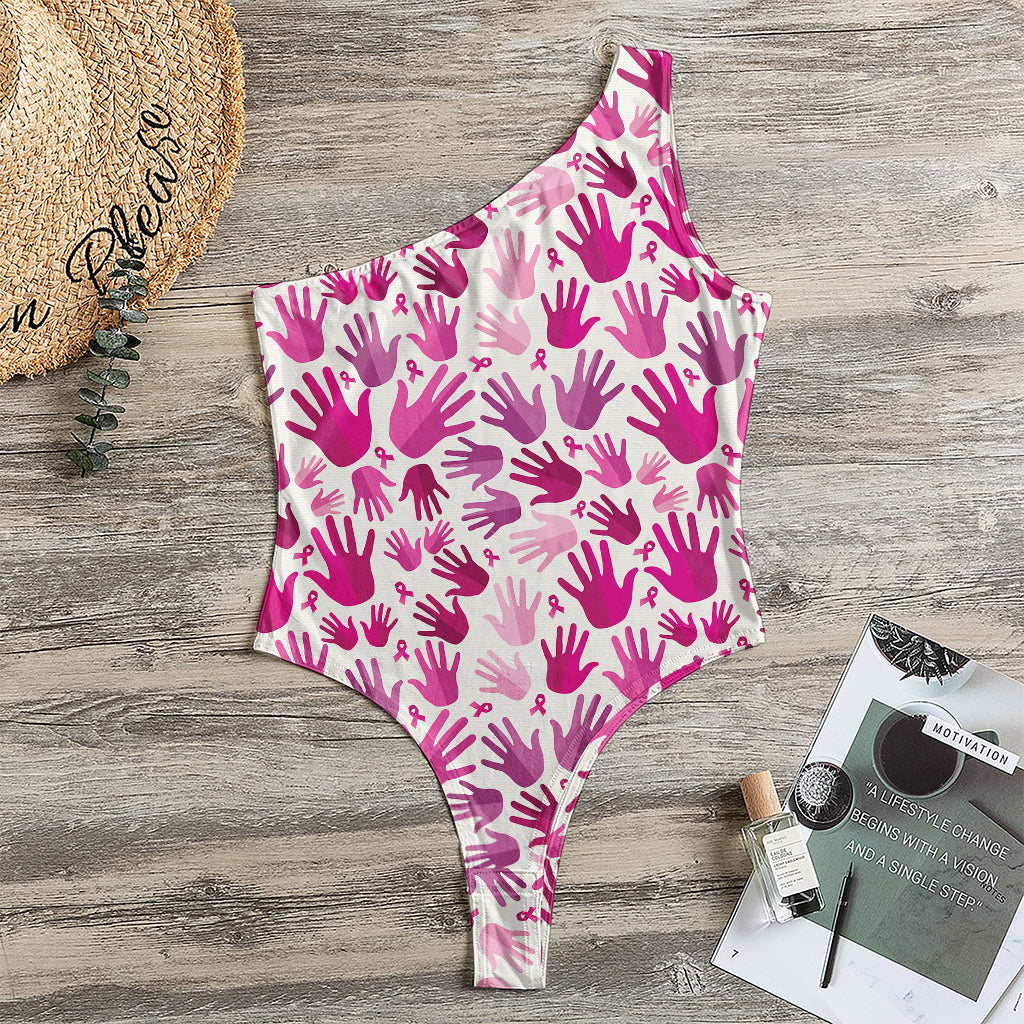 Pink Hand Breast Cancer Pattern Print One Shoulder Bodysuit