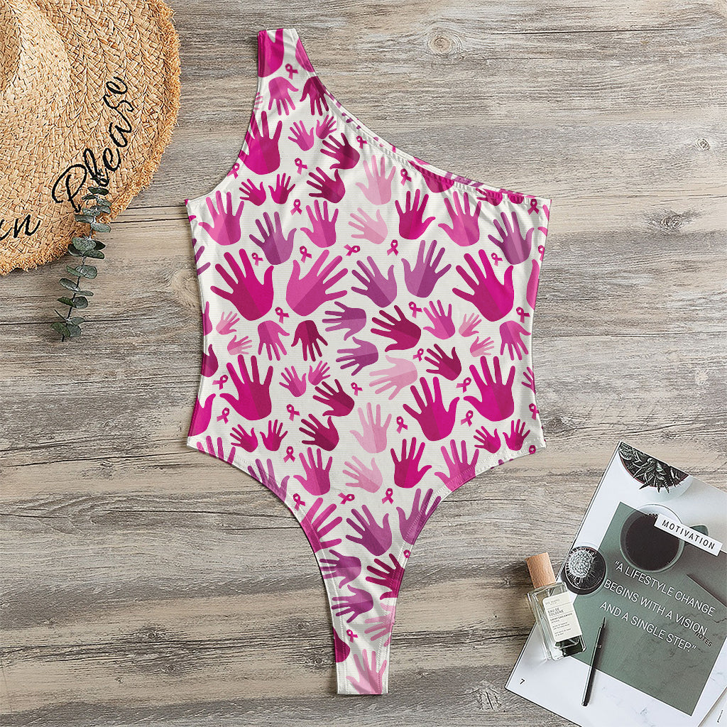 Pink Hand Breast Cancer Pattern Print One Shoulder Bodysuit